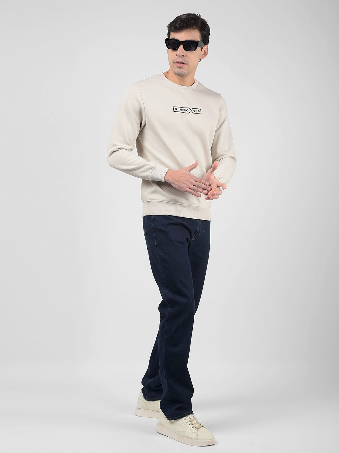 Numero Uno Men Logo Print Beige Sweat Shirt